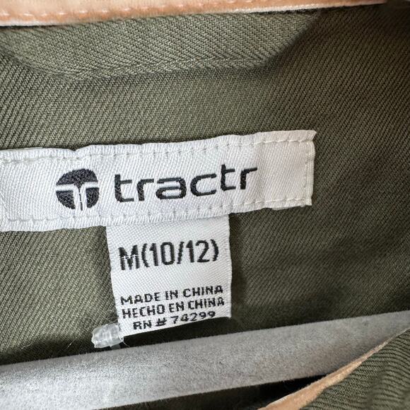 Tractr NWT Army Green Long Sleeve Snap Up Shirt Patches Cotton Girls Size 10 12 - Picture 7 of 9